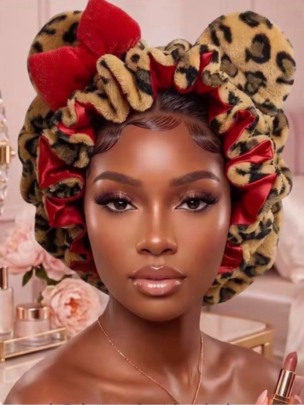 & Other Stories Leopard Print Satin-Lined Hair Bonnet with Red Trim
